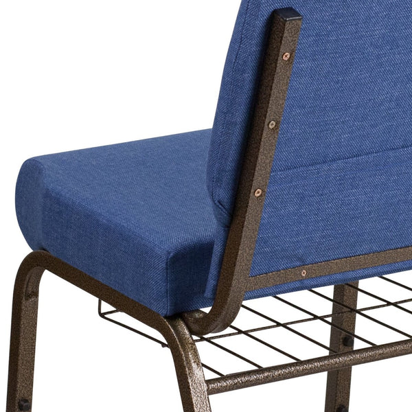 English Elm HERCULES 21''W Padded Church Chair with Book Rack - Comfortable, Durable & Stylish Seating Solution Blue Fabric/Gold Vein Frame FD-CH0221-4-GV-BLUE-BAS-GG
