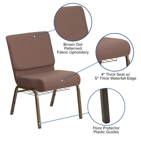 English Elm HERCULES 21''W Padded Church Chair with Book Rack - Comfortable, Durable & Stylish Seating Solution Brown Dot Fabric/Gold Vein Frame FD-CH0221-4-GV-BNDOT-BAS-GG