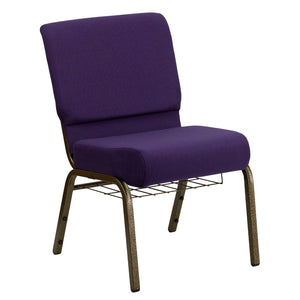English Elm HERCULES 21''W Padded Church Chair with Book Rack - Comfortable, Durable & Stylish Seating Solution Royal Purple Fabric/Gold Vein Frame FD-CH0221-4-GV-ROY-BAS-GG