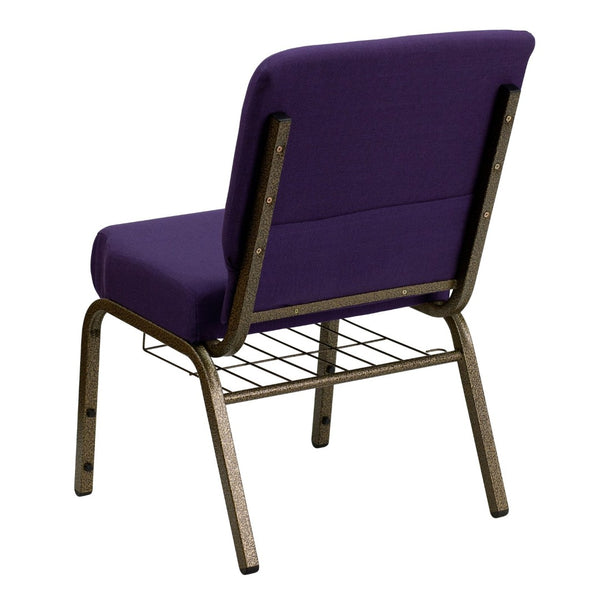 English Elm HERCULES 21''W Padded Church Chair with Book Rack - Comfortable, Durable & Stylish Seating Solution Royal Purple Fabric/Gold Vein Frame FD-CH0221-4-GV-ROY-BAS-GG