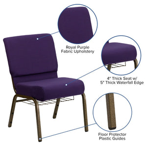English Elm HERCULES 21''W Padded Church Chair with Book Rack - Comfortable, Durable & Stylish Seating Solution Royal Purple Fabric/Gold Vein Frame FD-CH0221-4-GV-ROY-BAS-GG