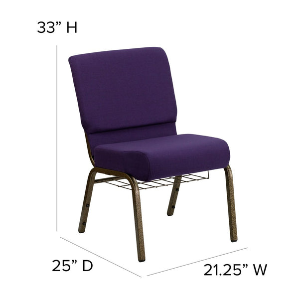 English Elm HERCULES 21''W Padded Church Chair with Book Rack - Comfortable, Durable & Stylish Seating Solution Royal Purple Fabric/Gold Vein Frame FD-CH0221-4-GV-ROY-BAS-GG