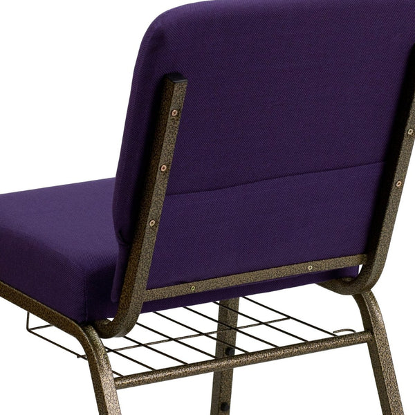 English Elm HERCULES 21''W Padded Church Chair with Book Rack - Comfortable, Durable & Stylish Seating Solution Royal Purple Fabric/Gold Vein Frame FD-CH0221-4-GV-ROY-BAS-GG