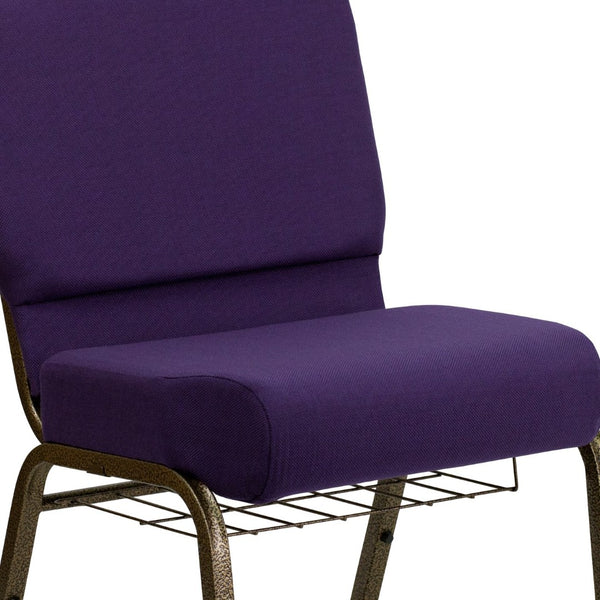 English Elm HERCULES 21''W Padded Church Chair with Book Rack - Comfortable, Durable & Stylish Seating Solution Royal Purple Fabric/Gold Vein Frame FD-CH0221-4-GV-ROY-BAS-GG