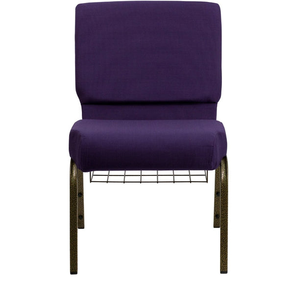 English Elm HERCULES 21''W Padded Church Chair with Book Rack - Comfortable, Durable & Stylish Seating Solution Royal Purple Fabric/Gold Vein Frame FD-CH0221-4-GV-ROY-BAS-GG