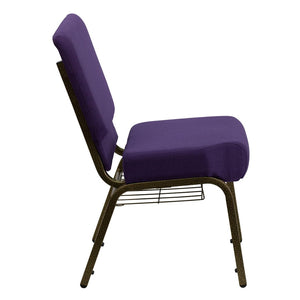 English Elm HERCULES 21''W Padded Church Chair with Book Rack - Comfortable, Durable & Stylish Seating Solution Royal Purple Fabric/Gold Vein Frame FD-CH0221-4-GV-ROY-BAS-GG