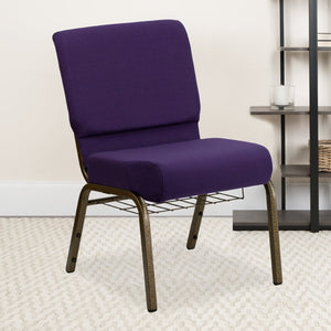 English Elm HERCULES 21''W Padded Church Chair with Book Rack - Comfortable, Durable & Stylish Seating Solution Royal Purple Fabric/Gold Vein Frame FD-CH0221-4-GV-ROY-BAS-GG