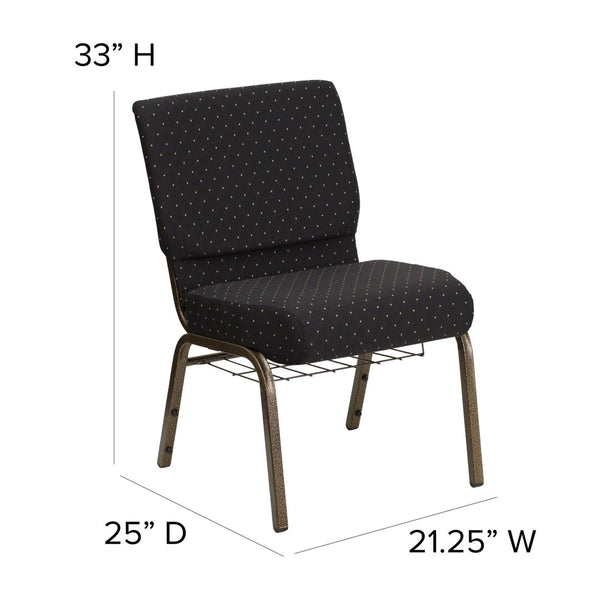 English Elm HERCULES 21''W Padded Church Chair with Book Rack - Comfortable, Durable & Stylish Seating Solution Black Dot Patterned Fabric/Gold Vein Frame FD-CH0221-4-GV-S0806-BAS-GG