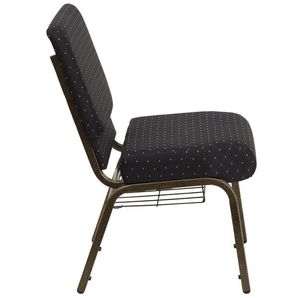 English Elm HERCULES 21''W Padded Church Chair with Book Rack - Comfortable, Durable & Stylish Seating Solution Black Dot Patterned Fabric/Gold Vein Frame FD-CH0221-4-GV-S0806-BAS-GG