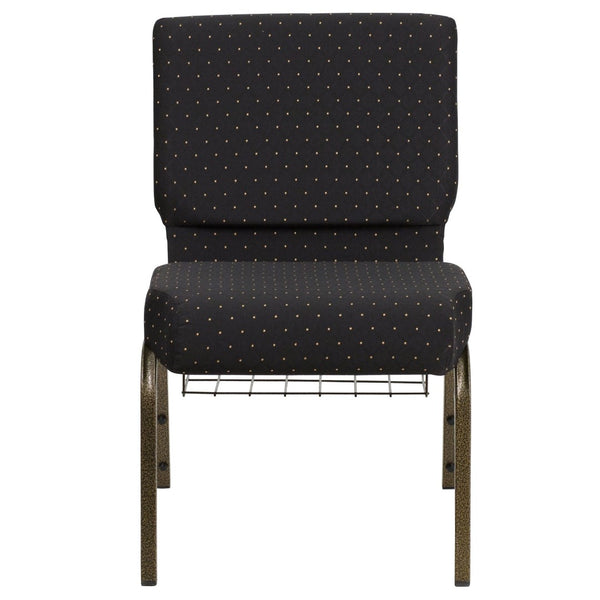 English Elm HERCULES 21''W Padded Church Chair with Book Rack - Comfortable, Durable & Stylish Seating Solution Black Dot Patterned Fabric/Gold Vein Frame FD-CH0221-4-GV-S0806-BAS-GG