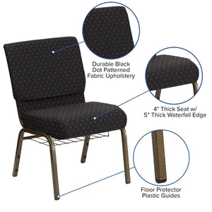 English Elm HERCULES 21''W Padded Church Chair with Book Rack - Comfortable, Durable & Stylish Seating Solution Black Dot Patterned Fabric/Gold Vein Frame FD-CH0221-4-GV-S0806-BAS-GG