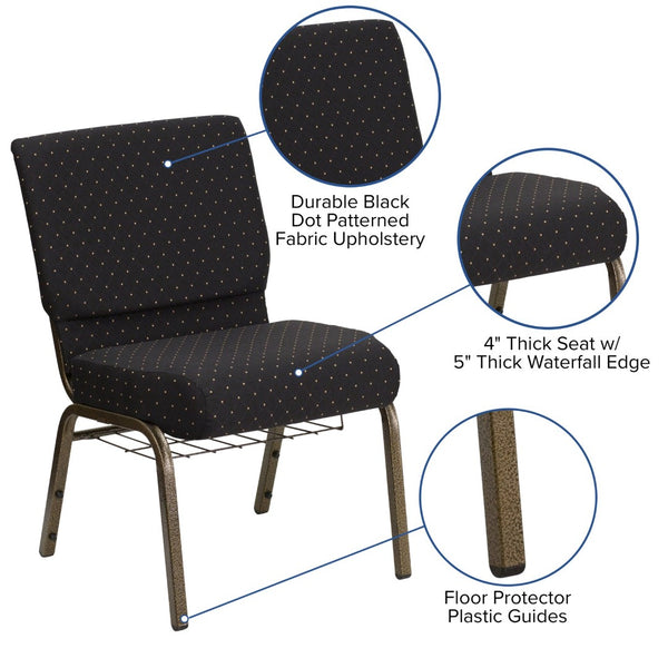 English Elm HERCULES 21''W Padded Church Chair with Book Rack - Comfortable, Durable & Stylish Seating Solution Black Dot Patterned Fabric/Gold Vein Frame FD-CH0221-4-GV-S0806-BAS-GG