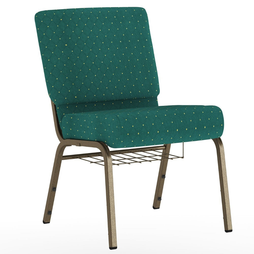 English Elm HERCULES 21''W Padded Church Chair with Book Rack - Comfortable, Durable & Stylish Seating Solution Hunter Green Dot Patterned Fabric/Gold Vein Frame FD-CH0221-4-GV-S0808-BAS-GG
