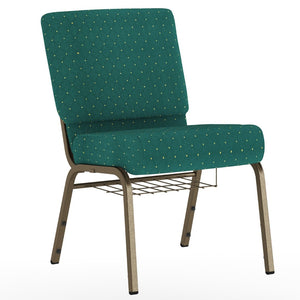 English Elm HERCULES 21''W Padded Church Chair with Book Rack - Comfortable, Durable & Stylish Seating Solution Hunter Green Dot Patterned Fabric/Gold Vein Frame FD-CH0221-4-GV-S0808-BAS-GG