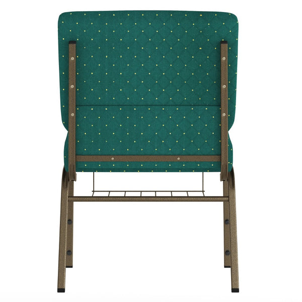 English Elm HERCULES 21''W Padded Church Chair with Book Rack - Comfortable, Durable & Stylish Seating Solution Hunter Green Dot Patterned Fabric/Gold Vein Frame FD-CH0221-4-GV-S0808-BAS-GG