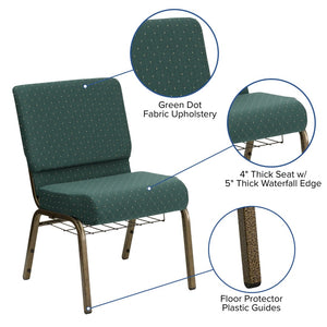 English Elm HERCULES 21''W Padded Church Chair with Book Rack - Comfortable, Durable & Stylish Seating Solution Hunter Green Dot Patterned Fabric/Gold Vein Frame FD-CH0221-4-GV-S0808-BAS-GG