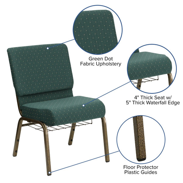 English Elm HERCULES 21''W Padded Church Chair with Book Rack - Comfortable, Durable & Stylish Seating Solution Hunter Green Dot Patterned Fabric/Gold Vein Frame FD-CH0221-4-GV-S0808-BAS-GG