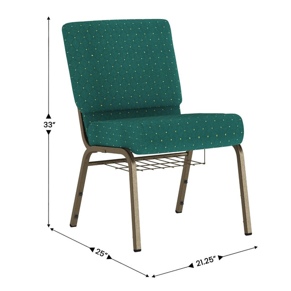 English Elm HERCULES 21''W Padded Church Chair with Book Rack - Comfortable, Durable & Stylish Seating Solution Hunter Green Dot Patterned Fabric/Gold Vein Frame FD-CH0221-4-GV-S0808-BAS-GG