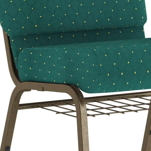 English Elm HERCULES 21''W Padded Church Chair with Book Rack - Comfortable, Durable & Stylish Seating Solution Hunter Green Dot Patterned Fabric/Gold Vein Frame FD-CH0221-4-GV-S0808-BAS-GG