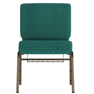English Elm HERCULES 21''W Padded Church Chair with Book Rack - Comfortable, Durable & Stylish Seating Solution Hunter Green Dot Patterned Fabric/Gold Vein Frame FD-CH0221-4-GV-S0808-BAS-GG