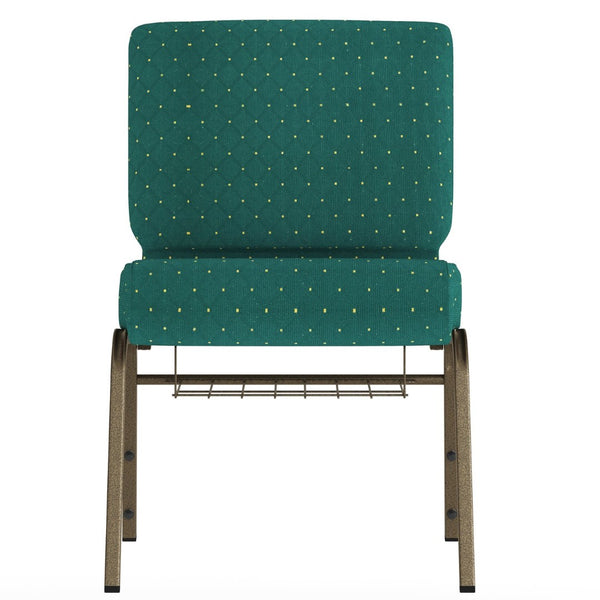English Elm HERCULES 21''W Padded Church Chair with Book Rack - Comfortable, Durable & Stylish Seating Solution Hunter Green Dot Patterned Fabric/Gold Vein Frame FD-CH0221-4-GV-S0808-BAS-GG