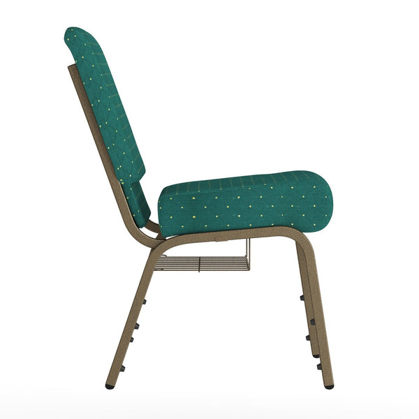 English Elm HERCULES 21''W Padded Church Chair with Book Rack - Comfortable, Durable & Stylish Seating Solution Hunter Green Dot Patterned Fabric/Gold Vein Frame FD-CH0221-4-GV-S0808-BAS-GG