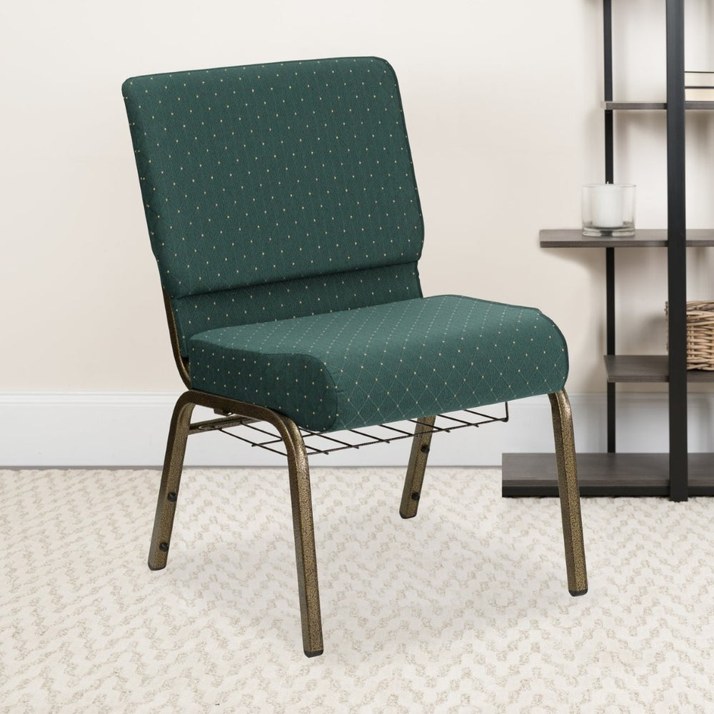 English Elm HERCULES 21''W Padded Church Chair with Book Rack - Comfortable, Durable & Stylish Seating Solution Hunter Green Dot Patterned Fabric/Gold Vein Frame FD-CH0221-4-GV-S0808-BAS-GG