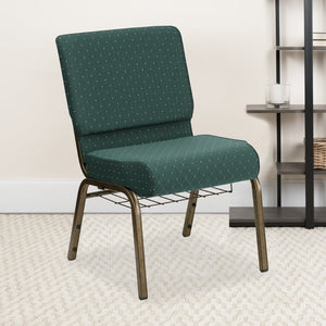 English Elm HERCULES 21''W Padded Church Chair with Book Rack - Comfortable, Durable & Stylish Seating Solution Hunter Green Dot Patterned Fabric/Gold Vein Frame FD-CH0221-4-GV-S0808-BAS-GG