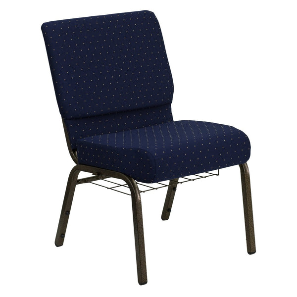 English Elm HERCULES 21''W Padded Church Chair with Book Rack - Comfortable, Durable & Stylish Seating Solution Navy Blue Dot Patterned Fabric/Gold Vein Frame FD-CH0221-4-GV-S0810-BAS-GG