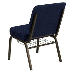 English Elm HERCULES 21''W Padded Church Chair with Book Rack - Comfortable, Durable & Stylish Seating Solution Navy Blue Dot Patterned Fabric/Gold Vein Frame FD-CH0221-4-GV-S0810-BAS-GG