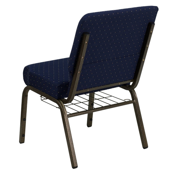 English Elm HERCULES 21''W Padded Church Chair with Book Rack - Comfortable, Durable & Stylish Seating Solution Navy Blue Dot Patterned Fabric/Gold Vein Frame FD-CH0221-4-GV-S0810-BAS-GG