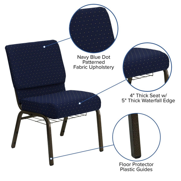 English Elm HERCULES 21''W Padded Church Chair with Book Rack - Comfortable, Durable & Stylish Seating Solution Navy Blue Dot Patterned Fabric/Gold Vein Frame FD-CH0221-4-GV-S0810-BAS-GG