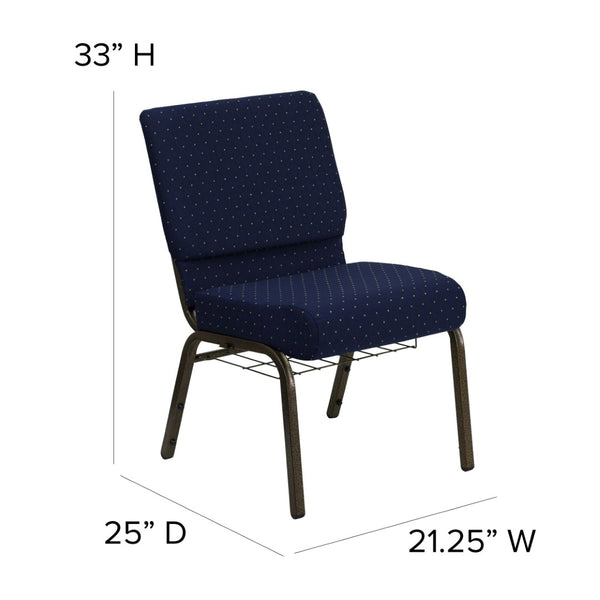 English Elm HERCULES 21''W Padded Church Chair with Book Rack - Comfortable, Durable & Stylish Seating Solution Navy Blue Dot Patterned Fabric/Gold Vein Frame FD-CH0221-4-GV-S0810-BAS-GG