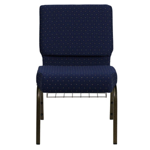 English Elm HERCULES 21''W Padded Church Chair with Book Rack - Comfortable, Durable & Stylish Seating Solution Navy Blue Dot Patterned Fabric/Gold Vein Frame FD-CH0221-4-GV-S0810-BAS-GG