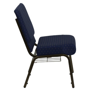 English Elm HERCULES 21''W Padded Church Chair with Book Rack - Comfortable, Durable & Stylish Seating Solution Navy Blue Dot Patterned Fabric/Gold Vein Frame FD-CH0221-4-GV-S0810-BAS-GG