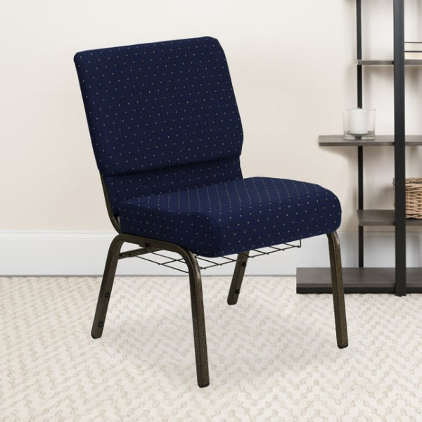 English Elm HERCULES 21''W Padded Church Chair with Book Rack - Comfortable, Durable & Stylish Seating Solution Navy Blue Dot Patterned Fabric/Gold Vein Frame FD-CH0221-4-GV-S0810-BAS-GG