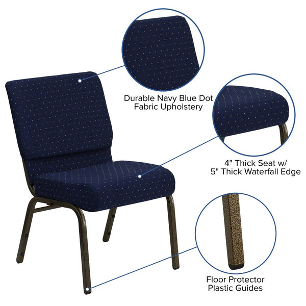 English Elm HERCULES Stacking Church Chair - Durable, Comfortable Seating for Events and Multi-Purpose Spaces Navy Blue Dot Patterned Fabric/Gold Vein Frame FD-CH0221-4-GV-S0810-GG