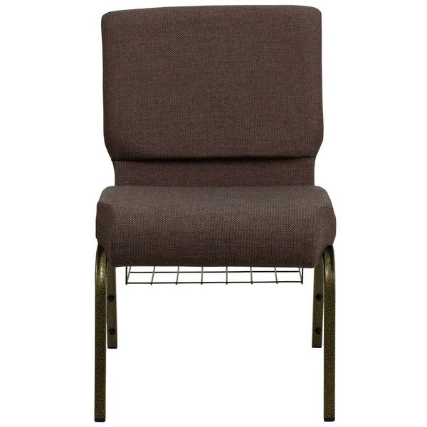 English Elm HERCULES 21''W Padded Church Chair with Book Rack - Comfortable, Durable & Stylish Seating Solution Brown Fabric/Gold Vein Frame FD-CH0221-4-GV-S0819-BAS-GG
