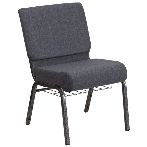 English Elm HERCULES 21''W Padded Church Chair with Book Rack - Comfortable, Durable & Stylish Seating Solution Dark Gray Fabric/Silver Vein Frame FD-CH0221-4-SV-DKGY-BAS-GG