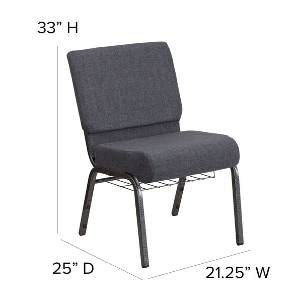 English Elm HERCULES 21''W Padded Church Chair with Book Rack - Comfortable, Durable & Stylish Seating Solution Dark Gray Fabric/Silver Vein Frame FD-CH0221-4-SV-DKGY-BAS-GG