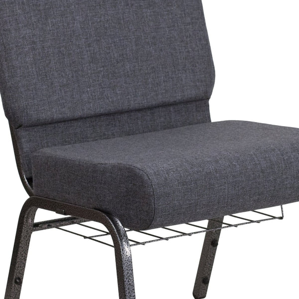 English Elm HERCULES 21''W Padded Church Chair with Book Rack - Comfortable, Durable & Stylish Seating Solution Dark Gray Fabric/Silver Vein Frame FD-CH0221-4-SV-DKGY-BAS-GG