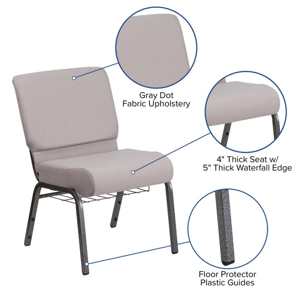 English Elm HERCULES 21''W Padded Church Chair with Book Rack - Comfortable, Durable & Stylish Seating Solution Gray Dot Fabric/Silver Vein Frame FD-CH0221-4-SV-GYDOT-BAS-GG