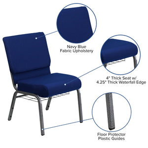 English Elm HERCULES 21''W Padded Church Chair with Book Rack - Comfortable, Durable & Stylish Seating Solution Navy Blue Fabric/Silver Vein Frame FD-CH0221-4-SV-NB24-BAS-GG