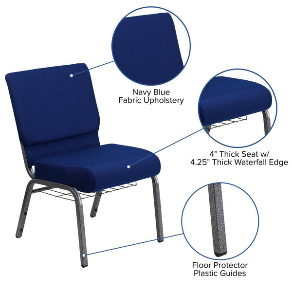 English Elm HERCULES 21''W Padded Church Chair with Book Rack - Comfortable, Durable & Stylish Seating Solution Navy Blue Fabric/Silver Vein Frame FD-CH0221-4-SV-NB24-BAS-GG
