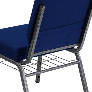 English Elm HERCULES 21''W Padded Church Chair with Book Rack - Comfortable, Durable & Stylish Seating Solution Navy Blue Fabric/Silver Vein Frame FD-CH0221-4-SV-NB24-BAS-GG