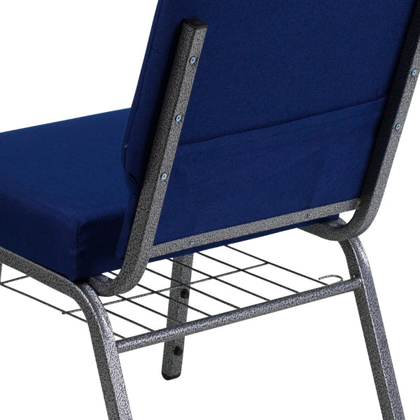 English Elm HERCULES 21''W Padded Church Chair with Book Rack - Comfortable, Durable & Stylish Seating Solution Navy Blue Fabric/Silver Vein Frame FD-CH0221-4-SV-NB24-BAS-GG