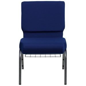 English Elm HERCULES 21''W Padded Church Chair with Book Rack - Comfortable, Durable & Stylish Seating Solution Navy Blue Fabric/Silver Vein Frame FD-CH0221-4-SV-NB24-BAS-GG