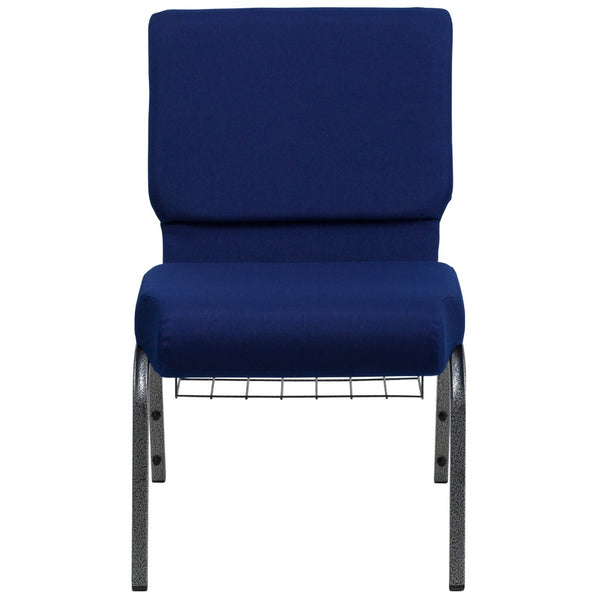 English Elm HERCULES 21''W Padded Church Chair with Book Rack - Comfortable, Durable & Stylish Seating Solution Navy Blue Fabric/Silver Vein Frame FD-CH0221-4-SV-NB24-BAS-GG
