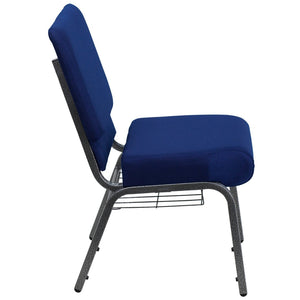 English Elm HERCULES 21''W Padded Church Chair with Book Rack - Comfortable, Durable & Stylish Seating Solution Navy Blue Fabric/Silver Vein Frame FD-CH0221-4-SV-NB24-BAS-GG