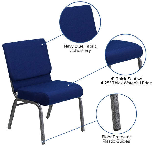 English Elm HERCULES Stacking Church Chair - Durable, Comfortable Seating for Events and Multi-Purpose Spaces Navy Blue Fabric/Silver Vein Frame FD-CH0221-4-SV-NB24-GG